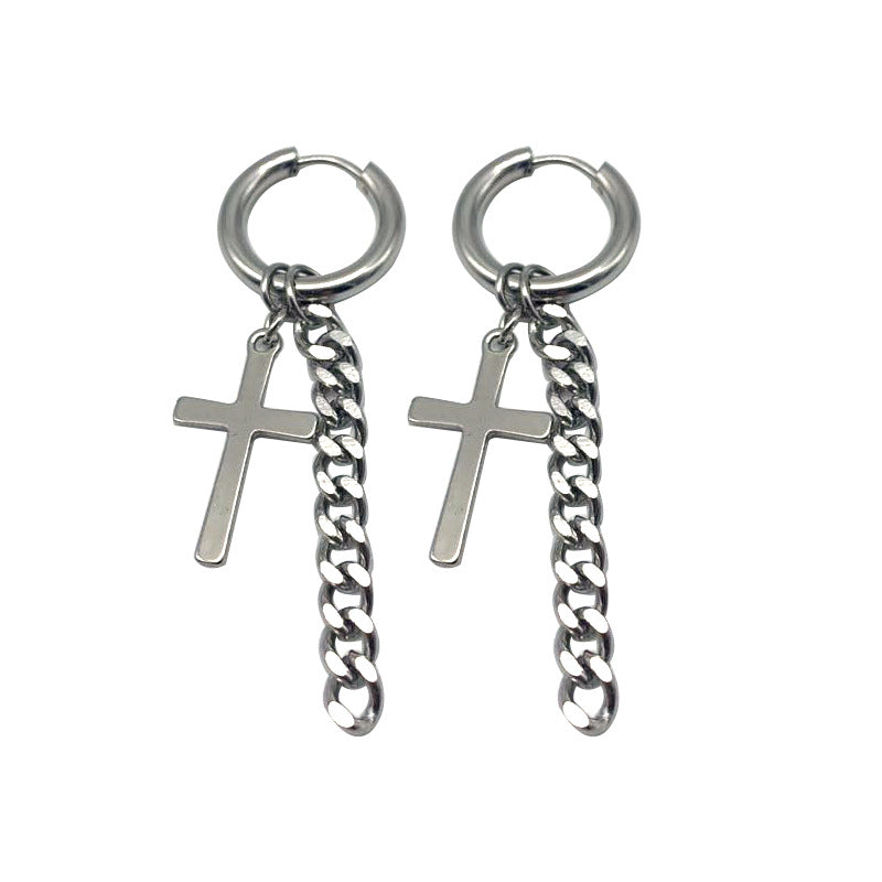 Rockyu メンズピアス クロスチェーン チタンフープ 十字架デザイン