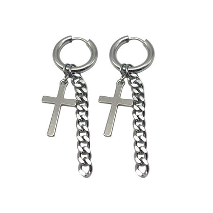 Rockyu メンズピアス クロスチェーン チタンフープ 十字架デザイン