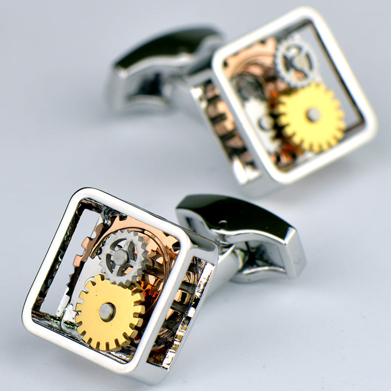 Rockyu スチームパンクカフス スクエアギアデザイン メカニカルムーブメント風 工業風カフリンクス