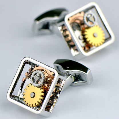 Rockyu スチームパンクカフス スクエアギアデザイン メカニカルムーブメント風 工業風カフリンクス