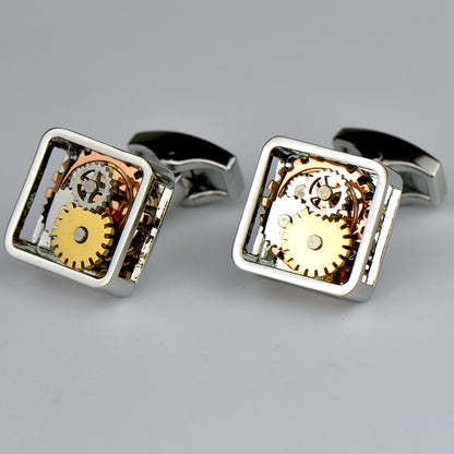 Rockyu スチームパンクカフス スクエアギアデザイン メカニカルムーブメント風 工業風カフリンクス