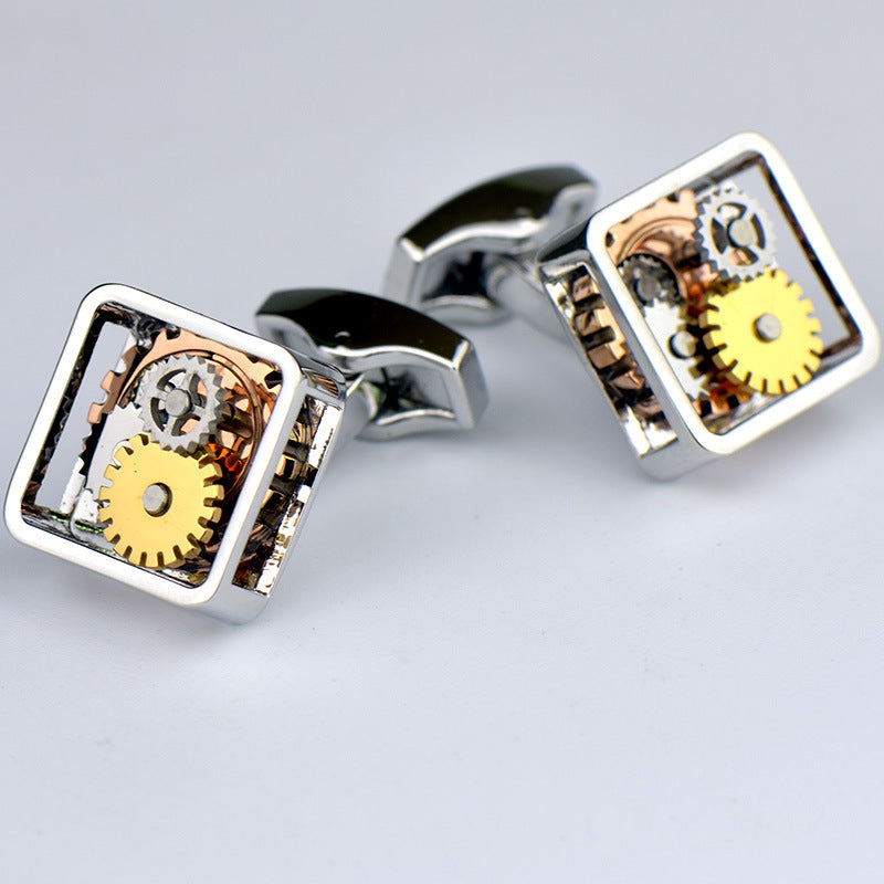 Rockyu スチームパンクカフス スクエアギアデザイン メカニカルムーブメント風 工業風カフリンクス