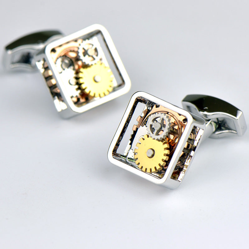 Rockyu スチームパンクカフス スクエアギアデザイン メカニカルムーブメント風 工業風カフリンクス