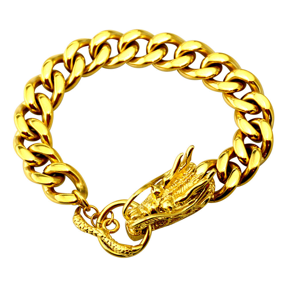 Rockyu 龍ブレスレット メンズ シルバー 太めチェーン チタン製 ドラゴンデザイン