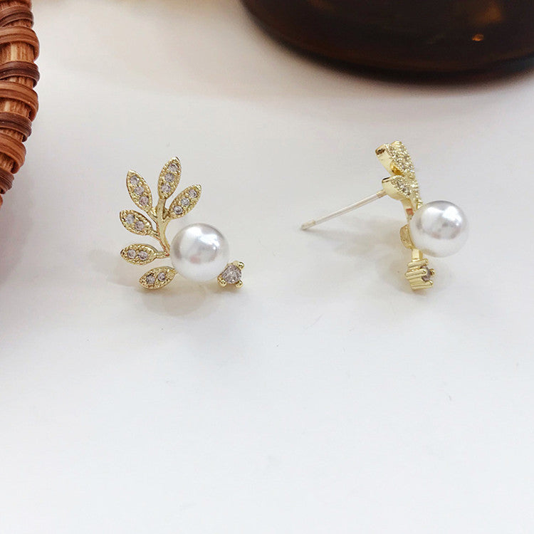 Rockyu ピアス レディース 柳の葉 パール 925純銀製 クリスタル ジュエリー