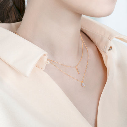 Rockyu レディースネックレス ピンクゴールド 18K 一粒ダイヤモンド スティックペンダント 2連チェーン 純銀仕上げ ジュエリー