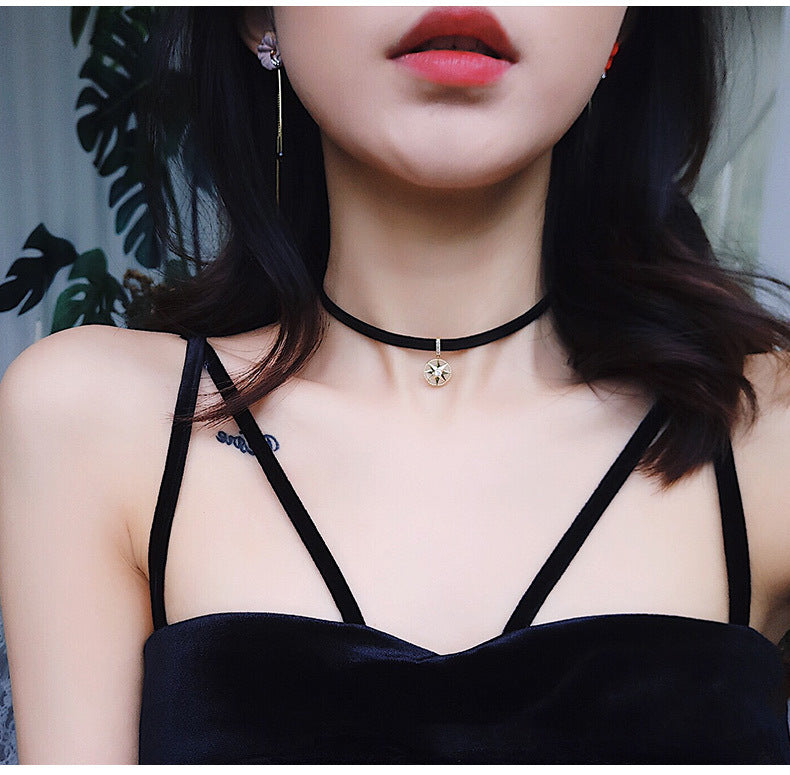 Rockyu レディース チョーカー 黒 レザー 星モチーフ ジルコニア ネックレス