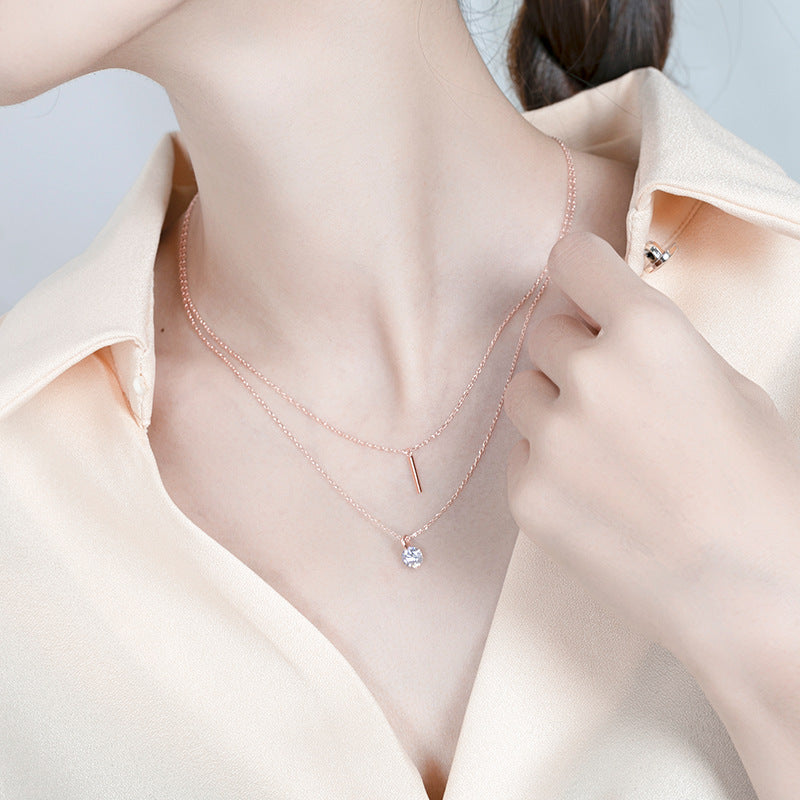 Rockyu レディースネックレス ピンクゴールド 18K 一粒ダイヤモンド スティックペンダント 2連チェーン 純銀仕上げ ジュエリー