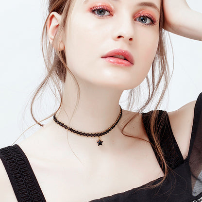 Rockyu 星型チョーカーネックレス レディース ブラックレース×ゴールドチェーン