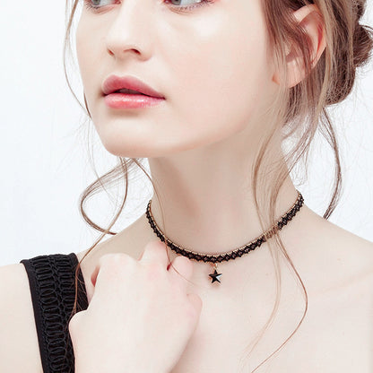 Rockyu 星型チョーカーネックレス レディース ブラックレース×ゴールドチェーン