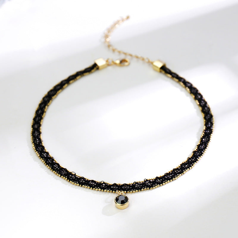 Rockyu 星型チョーカーネックレス レディース ブラックレース×ゴールドチェーン