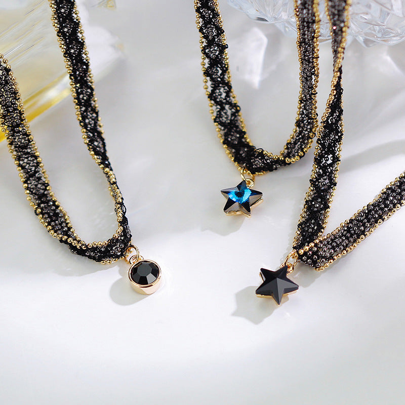 Rockyu 星型チョーカーネックレス レディース ブラックレース×ゴールドチェーン