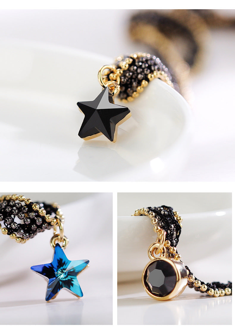 Rockyu 星型チョーカーネックレス レディース ブラックレース×ゴールドチェーン