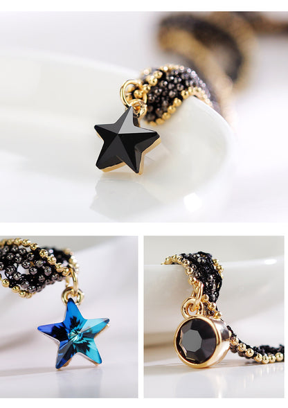 Rockyu 星型チョーカーネックレス レディース ブラックレース×ゴールドチェーン