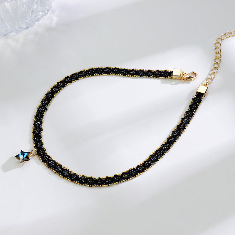 Rockyu 星型チョーカーネックレス レディース ブラックレース×ゴールドチェーン