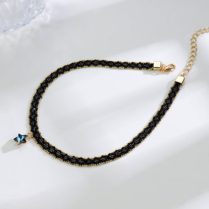 Rockyu 星型チョーカーネックレス レディース ブラックレース×ゴールドチェーン