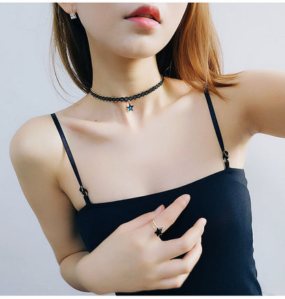 Rockyu 星型チョーカーネックレス レディース ブラックレース×ゴールドチェーン