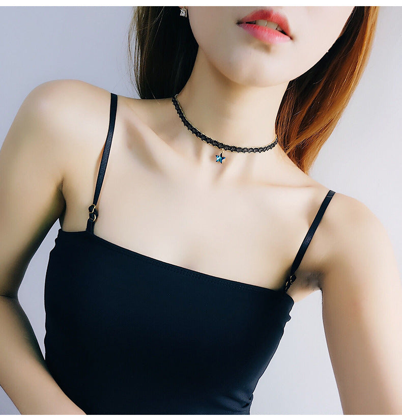 Rockyu 星型チョーカーネックレス レディース ブラックレース×ゴールドチェーン