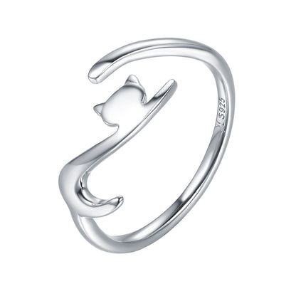 Rockyu 猫リング レディース シルバー925 フリーサイズ シンプル 可愛い ネコモチーフ 金属アレルギー対応