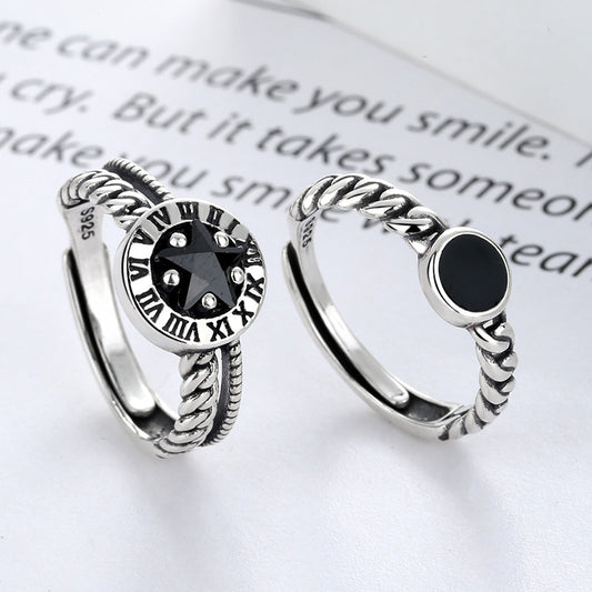 Rockyu ブラックストーン＆星モチーフ シルバー925リング メンズ・レディース対応