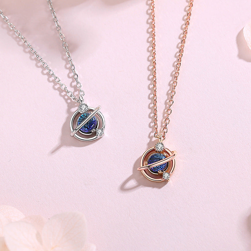 Rockyu 惑星モチーフネックレス レディース 土星風デザイン ピンクゴールド＆シルバー