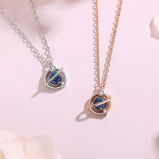 Rockyu 惑星モチーフネックレス レディース 土星風デザイン ピンクゴールド＆シルバー