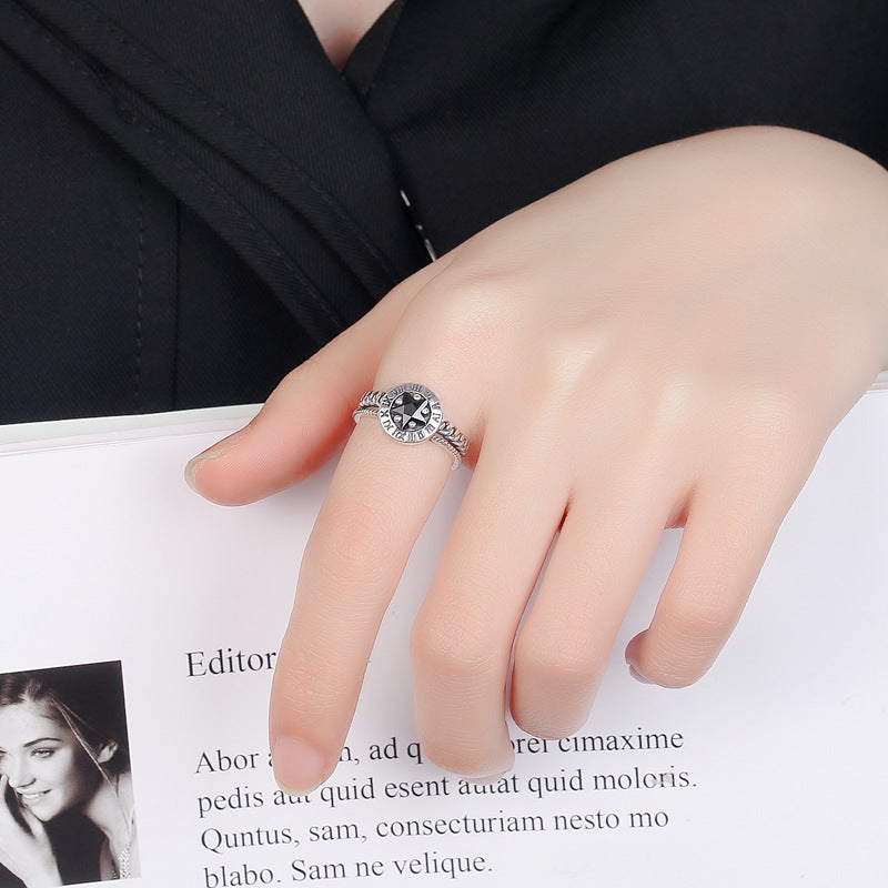 Rockyu ブラックストーン＆星モチーフ シルバー925リング メンズ・レディース対応