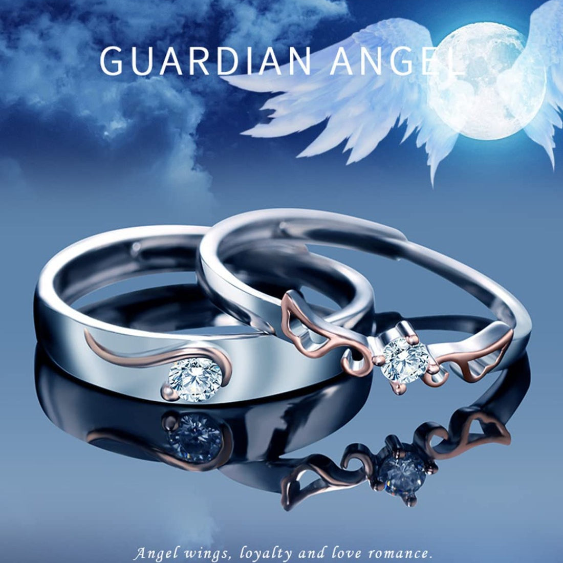 Rockyu 天使の翼 ペアリング S925純銀仕上げ フリーサイズ CZダイヤ カップル用