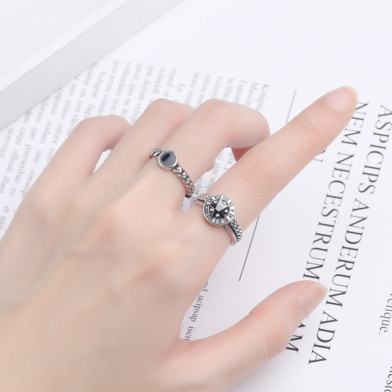 Rockyu ブラックストーン＆星モチーフ シルバー925リング メンズ・レディース対応