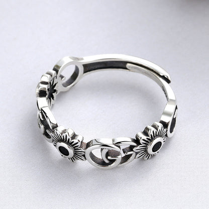 Rockyu 指輪 レディース フリーサイズ シルバー925 アルファベット＆花モチーフ サファイア風ストーン オープンリング