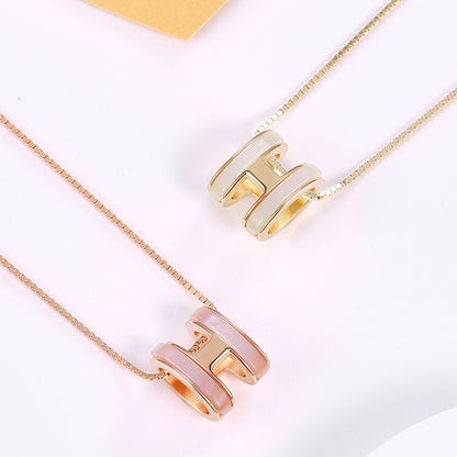 Rockyu レディース Hモチーフネックレス ピンクゴールド＆ホワイト 白蝶貝 S925銀