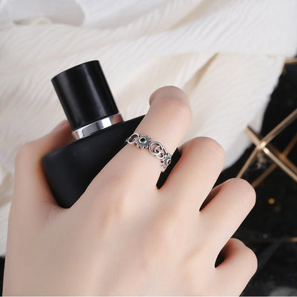 Rockyu 指輪 レディース フリーサイズ シルバー925 アルファベット＆花モチーフ サファイア風ストーン オープンリング