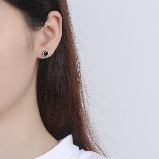 Rockyu S925シルバー ブラックジルコン 六角星ピアス メンズ 韓日レトロスタイル