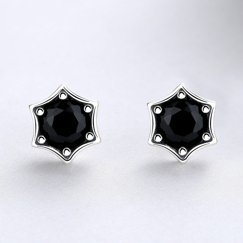 Rockyu S925シルバー ブラックジルコン 六角星ピアス メンズ 韓日レトロスタイル