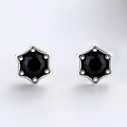Rockyu S925シルバー ブラックジルコン 六角星ピアス メンズ 韓日レトロスタイル
