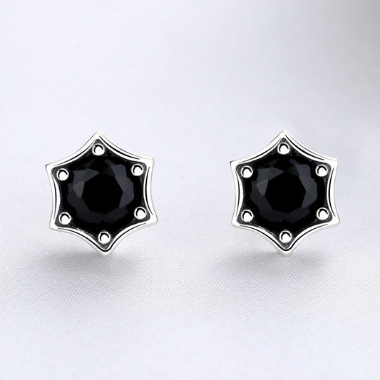 Rockyu S925シルバー ブラックジルコン 六角星ピアス メンズ 韓日レトロスタイル