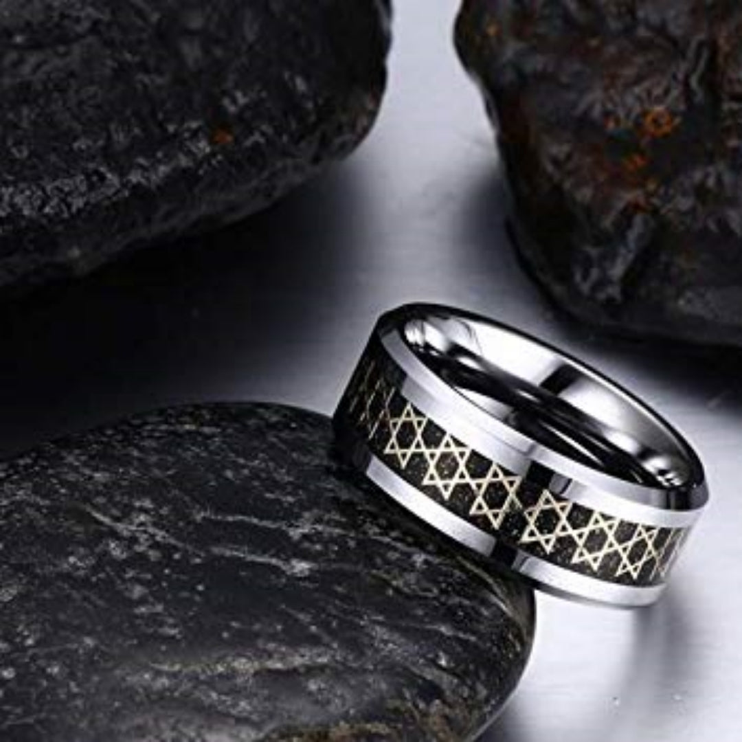 Rockyu タングステンリング メンズ 8mm 幅広 カーボンファイバー×ゴールド 六芒星デザイン