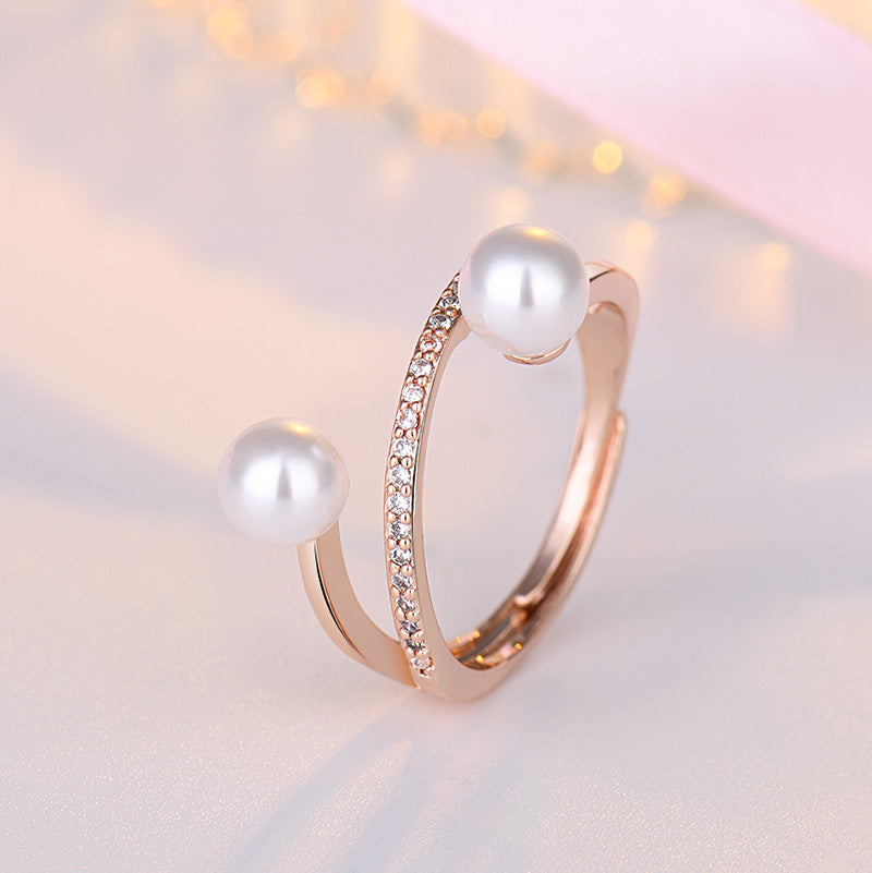 Rockyu 指輪 レディース パール リング シルバー ピンクゴールド ジルコニア 2粒デザイン フリーサイズ