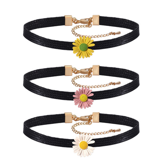 Rockyu チョーカー レディース 黒 レザー フラワー 雛菊 ペンダント 革紐チェーン