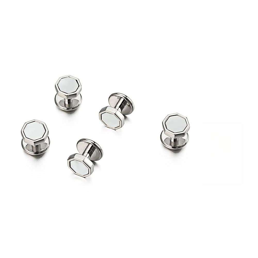 Rockyu カフスボタン メンズ 八角形 シルバー 白蝶貝 ステンレス カフスセット