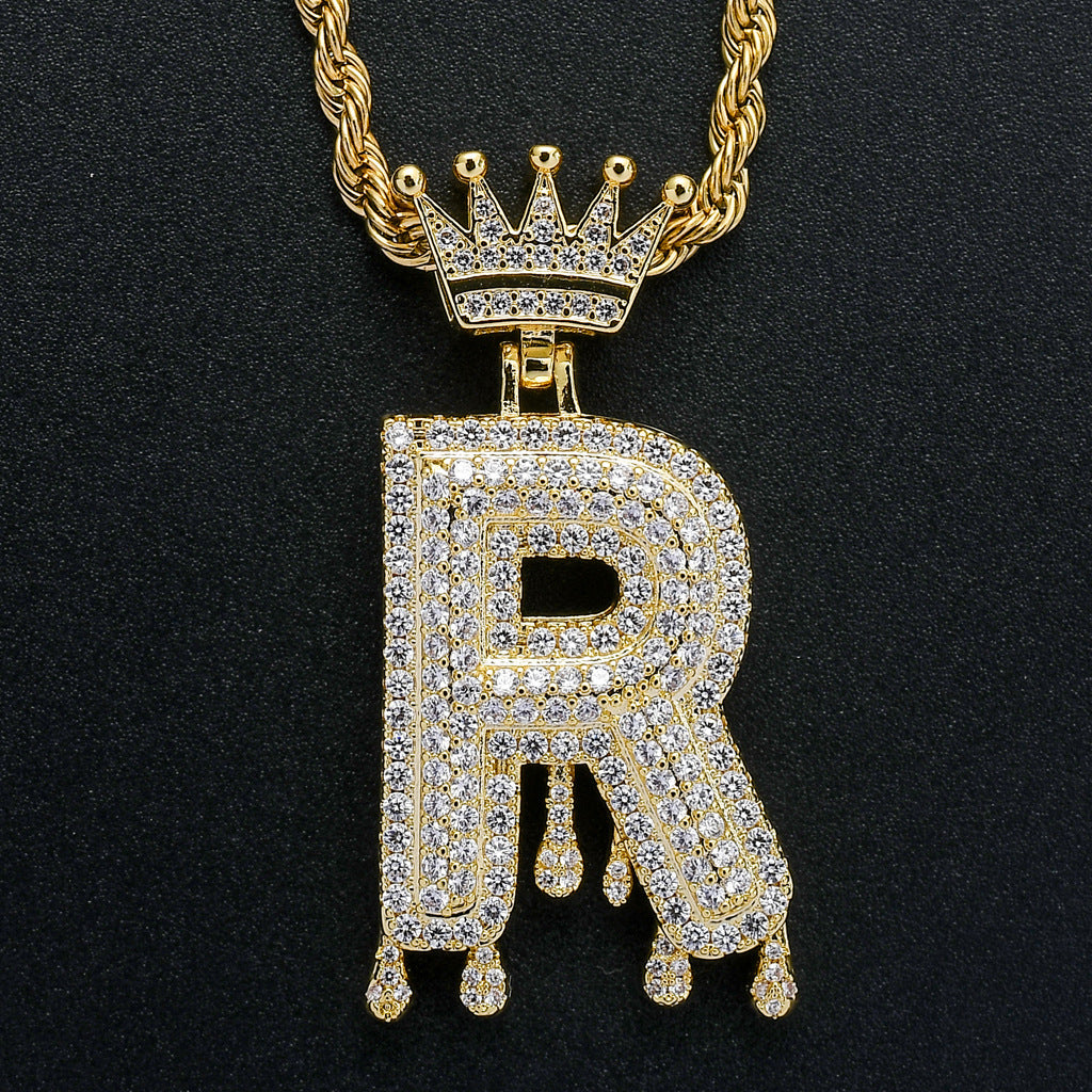 Rockyu ネックレス メンズ イニシャル A-Z 王冠モチーフ ゴールド ジルコニア ヒップホップ アクセサリー