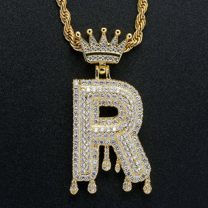 Rockyu ネックレス メンズ イニシャル A-Z 王冠モチーフ ゴールド ジルコニア ヒップホップ アクセサリー
