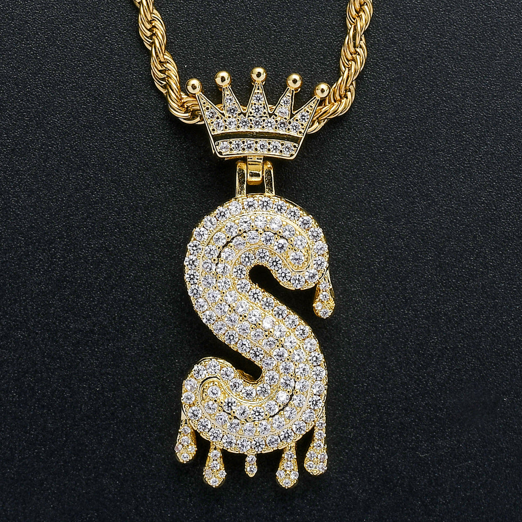 Rockyu ネックレス メンズ イニシャル A-Z 王冠モチーフ ゴールド ジルコニア ヒップホップ アクセサリー