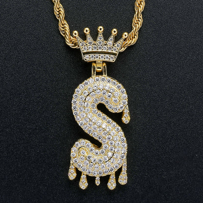 Rockyu ネックレス メンズ イニシャル A-Z 王冠モチーフ ゴールド ジルコニア ヒップホップ アクセサリー