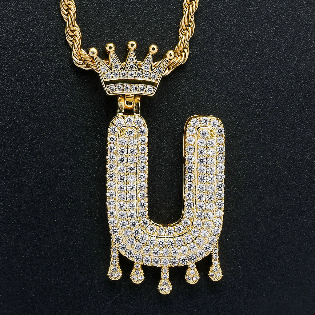 Rockyu ネックレス メンズ イニシャル A-Z 王冠モチーフ ゴールド ジルコニア ヒップホップ アクセサリー