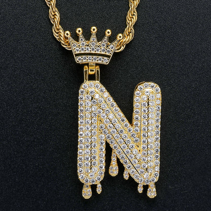 Rockyu ネックレス メンズ イニシャル A-Z 王冠モチーフ ゴールド ジルコニア ヒップホップ アクセサリー