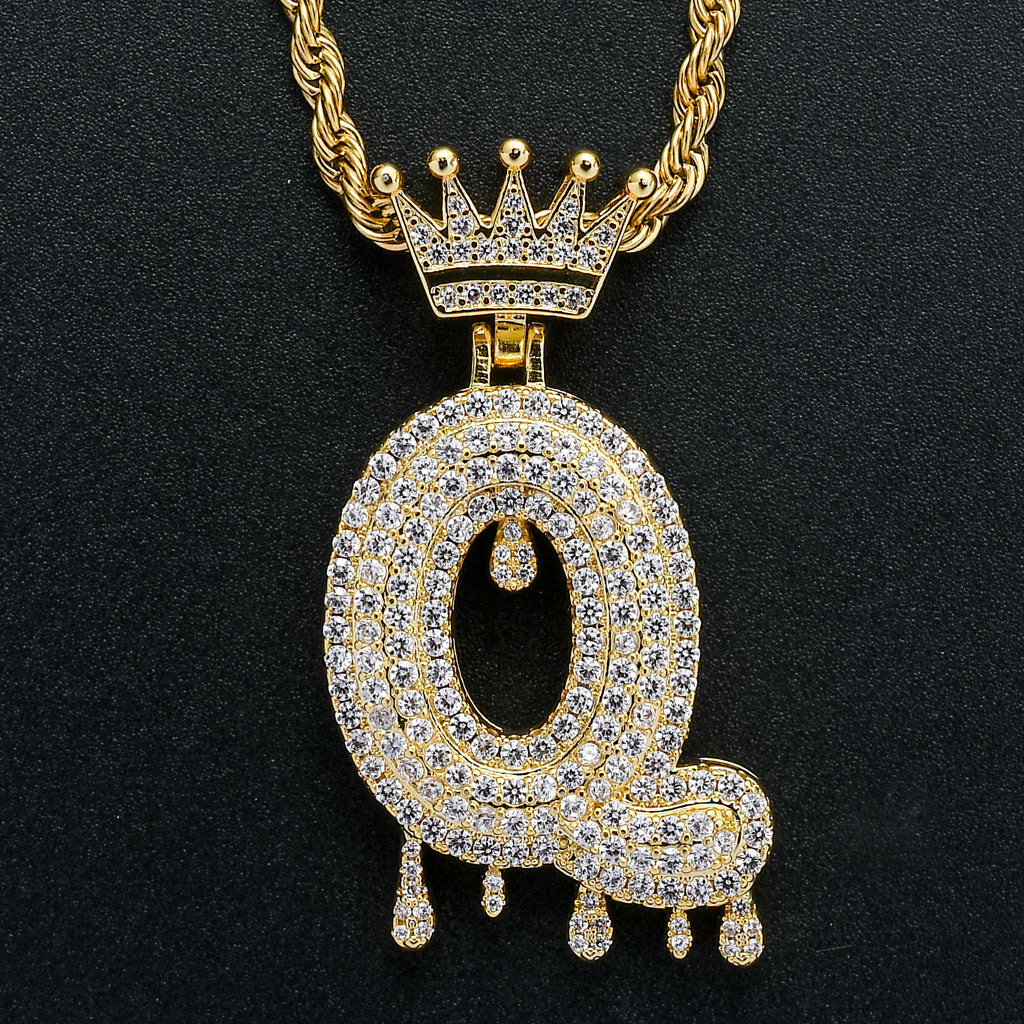 Rockyu ネックレス メンズ イニシャル A-Z 王冠モチーフ ゴールド ジルコニア ヒップホップ アクセサリー