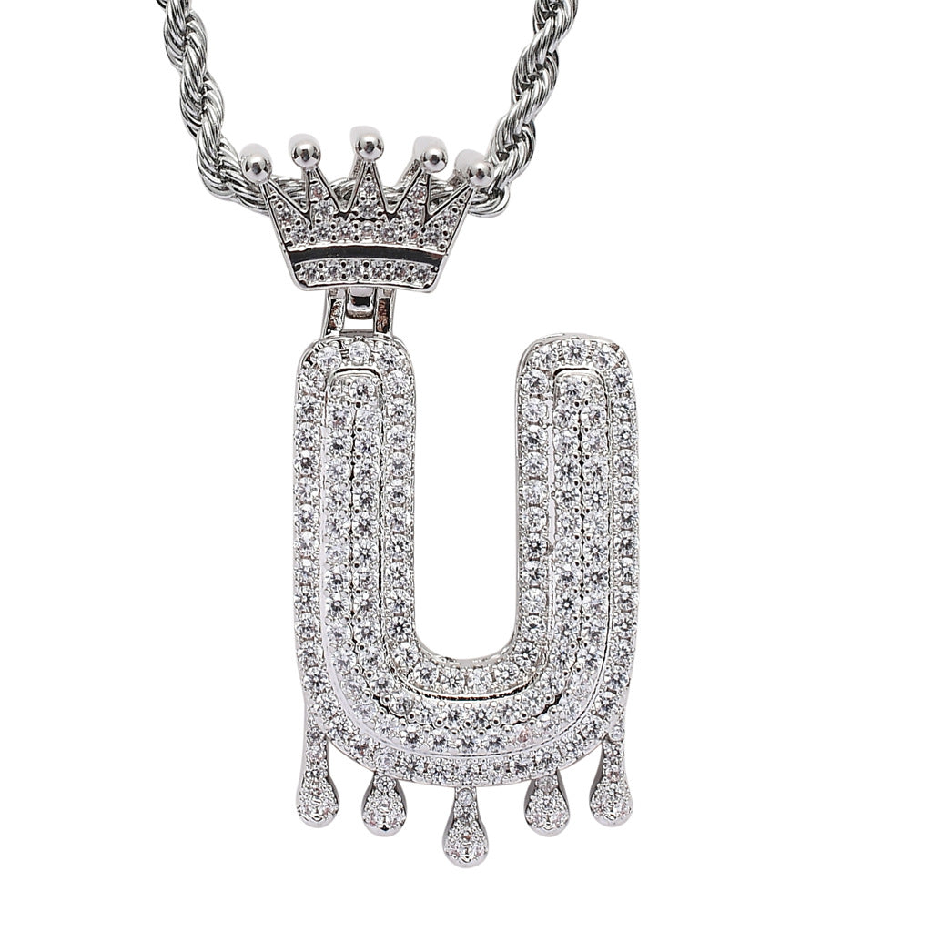Rockyu ネックレス メンズ イニシャル A-Z 王冠モチーフ ゴールド ジルコニア ヒップホップ アクセサリー