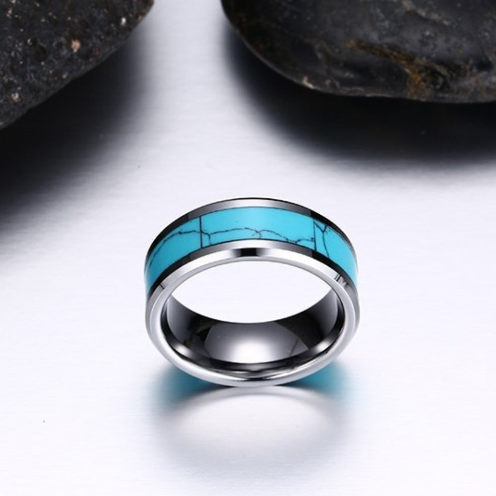 Rockyu タングステン 8mm ターコイズインレイリング メンズ レディース 幅広 ユニセックス
