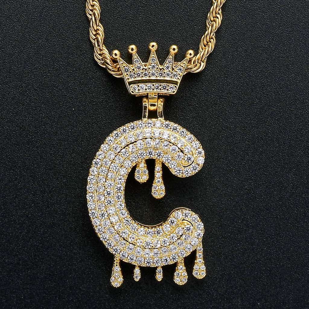 Rockyu ネックレス メンズ イニシャル A-Z 王冠モチーフ ゴールド ジルコニア ヒップホップ アクセサリー